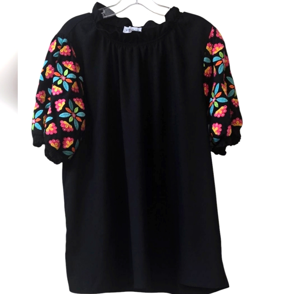 Washco The Amanda Top Black with Colorful Floral Sleeves Size 2XL